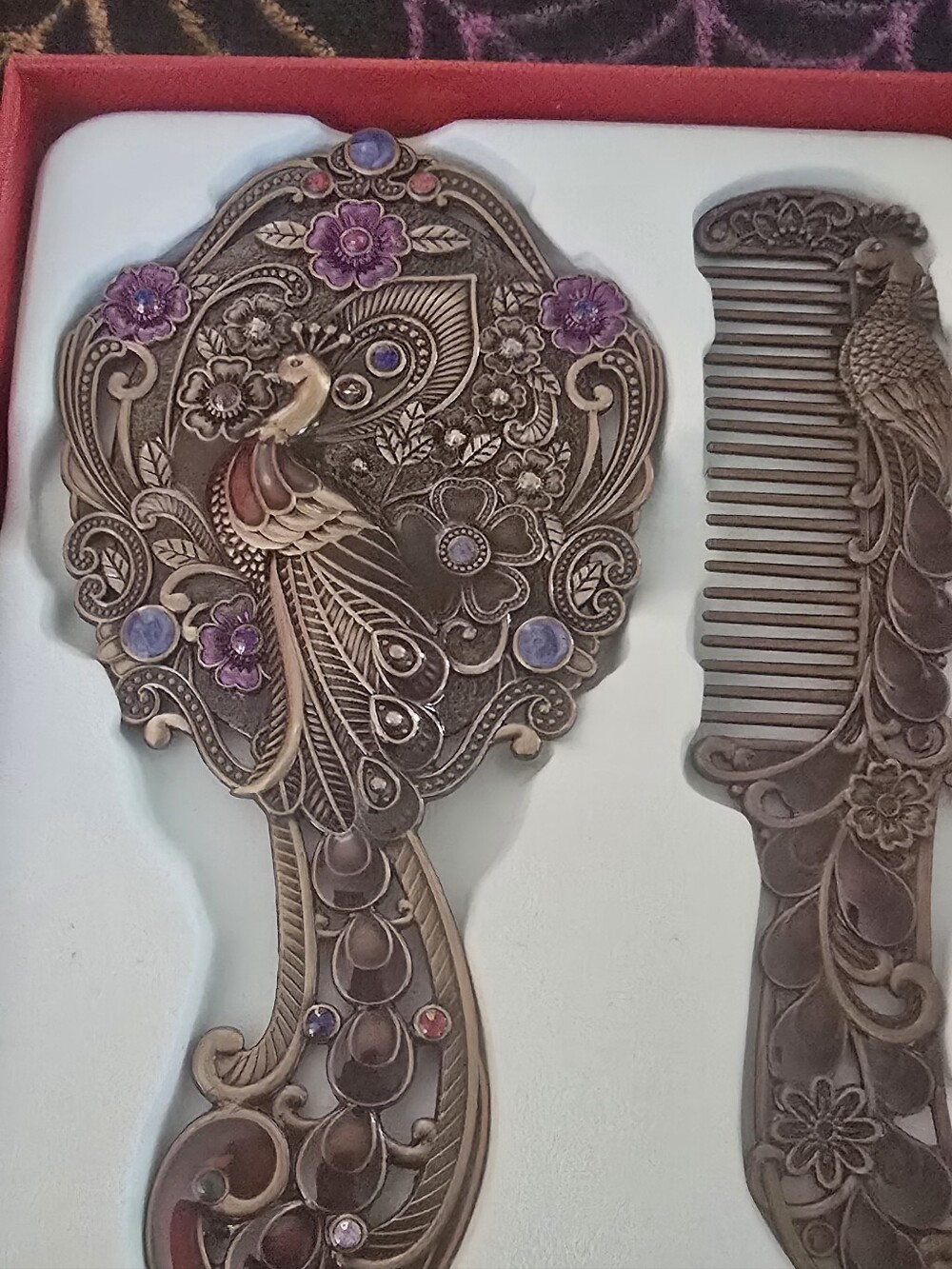 Ornate Peacock Hand Mirror and Comb Set - Vintage Bronze with Purple Accents